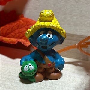 Vintage Smurfs Haymaker Smurf Farmer with Turtle PVC Display Figure Rare